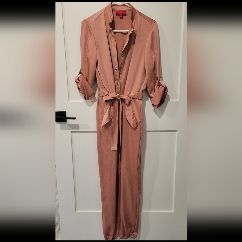 Jennifer Lopez Dusty Pink Satin Jumpsuit with Lapel Collar and Waist Tie